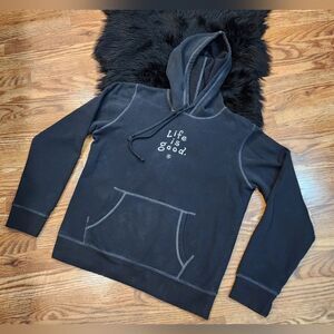 Life is Good Vintage Wordmark Stacked Faded Black Classic Fit Hoodie Size L